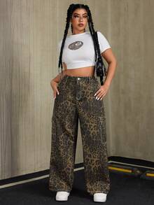 Plus Size Button Front Pocket Leopard Print Denim Jeans, Casual Daily Wear