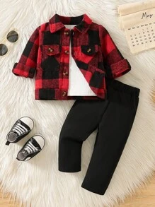 SHEIN Vintaside Kids 2pcs Baby Boy Plaid Long Sleeve Single-Breasted Jacket And Solid Color Pants Casual Outfit, For Christmas - Red - View 1