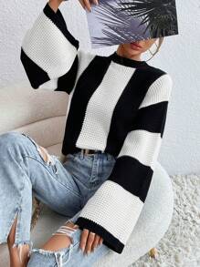 EMERY ROSE 女士秋冬拼色黑白条纹蝙蝠袖宽松休闲套头衫、长袖上衣