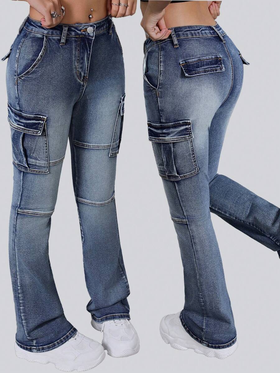 SHEIN 少女Y2K蓝色弹力喇叭牛仔裤，女童秋冬服装，喇叭牛仔裤 - 中等水洗藍 - 查看 1