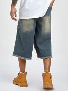 ROMWE MEN Street Life 男式宽松休闲宽松牛仔裤，带磨损下摆和串珠装饰 - 藍色 - 查看 5