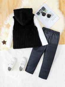 SHEIN 3 件套年轻男孩休闲长袖白色上衣 + 黑色蓬松连帽背心 + 裤子套装，秋冬 - 黑色 - 查看 2