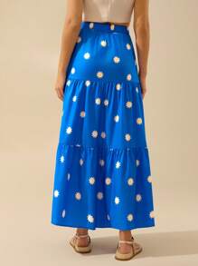 CAJUNI Women's Sun Print, Blue Patchwork Skirt, Summer Skirt For Leisure Beach