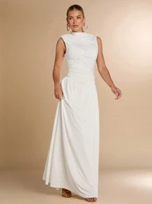 SHEIN BAE 无袖立领纯白色不规则褶皱连衣裙，适合秋冬季作为打底衫、法式连衣裙、晚礼服、生日礼服、伴娘服、简约优雅的日常连衣裙 - 白色 - 查看 6