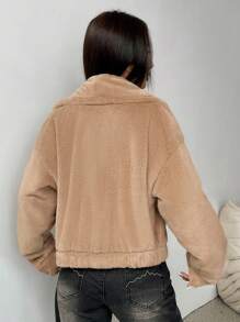 Flirla 女士纯色长袖毛绒领休闲夹克秋冬季 - 卡其色 - 查看 2