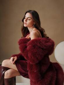 Anewsta 女士优雅纯色圣诞蓬松连帽长外套，时尚秋冬