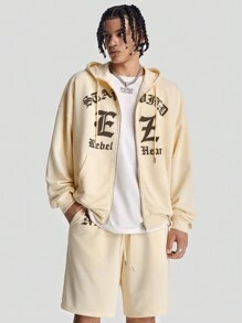 Manfinity VCAY Men's Loose Fit English Text Graphic Long Sleeve Knit Sweatshirt Set, For Fall Winter - Khaki - View 1