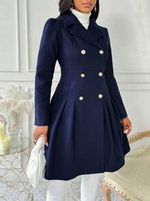 SHEIN Clasi 女式翻领长袖褶饰简约休闲双排扣羊毛大衣 - 藏蓝色 - 查看 4