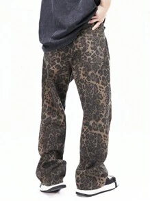 Manfinity EMRG 男士豹纹宽松牛仔裤长款洗水深色工装牛仔裤彩色派对时尚朋友外出聚会通勤学院街头 Emo 风格