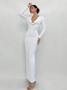 Aloruh Elegant Backless Halter Maxi Bodycon White Formal Dress For Women - White - View 9