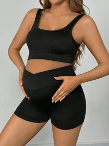 SHEIN 2pcs/Set Pregnant Women Cropped Fitted Tank Top And Legging Shorts Sports Outfit, 2 Pieces Set Black, For Maternity