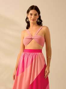 CAJUNI 女士吊带粉色超短款背心，度假休闲海滩夏季背心 - 西瓜粉 - 查看 4