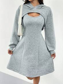 Chiquease 2pcs/Set Spring Summer Casual Solid Color Hooded Cropped Top And Sleeveless Skirt - Grey - View 3