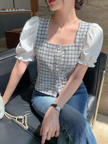 DAZY 女式撞色短袖前扣简约休闲格纹衬衫 - 藍色 - 查看 4