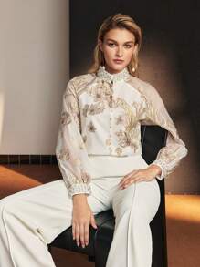MOTF PREMIUM JACQUARD FLOWER APPLIQUE MOCK NECK FAUX PEARL AND RHINESTONE DETAIL BLOUSE