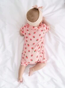 嬰兒女童針織軟草莓圖案翻領荷葉袖連體褲，前扣短袖設計 - 杏色 - 查看 9