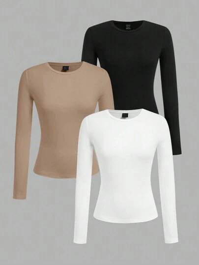 SHEIN EZwear مجموعة من 3 قطع من التي شيرت برقبة طاقم، بأكمام طويلة مناسبة للمرأة البدينة باللون الأسود والخاكي والأبيض، تي شيرت طويل مناسب للخريف/الشتاء، كاجوال