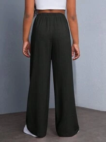 SHEIN Pantalones anchos de pierna ancha sólidos cómodos informales para niña preadolescente - Negro - Ver 8