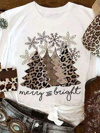 BamGleam Women's Christmas Tree Print "Merry Christmas" Casual Short Sleeve T-Shirt, Autumn Graphic Tees Women Tops