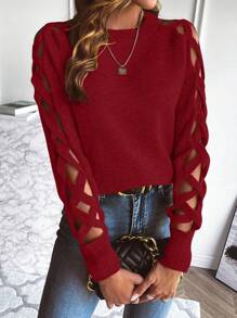 Chiquease 女士圆领长袖休闲毛衣，长袖上衣，针织套头衫，秋冬款 - 酒紅色 - 查看 1
