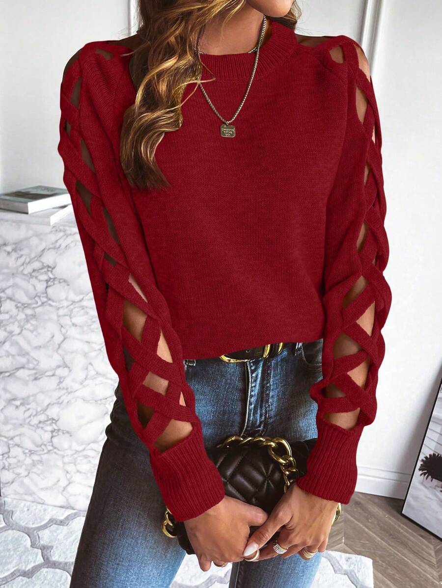 Chiquease 女士圆领长袖休闲毛衣，长袖上衣，针织套头衫，秋冬款 - 酒紅色 - 查看 1