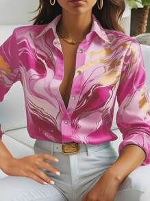 SHEIN Clasi 女式全印花纽扣长袖衬衫、长袖上衣