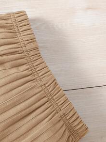 SHEIN 2 件套年轻女孩针织纯色圆领修身休闲上衣和修身长裤套装 - 卡其色 - 查看 6