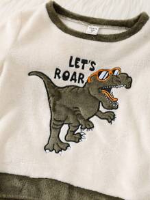 SHEIN Leap Crew Bộ đồ ngủ vải nỉ dài tay cổ tròn họa tiết khủng long hoạt hình cho bé trai, mùa thu/đông 2 món - màu xanh lá - Xem 3