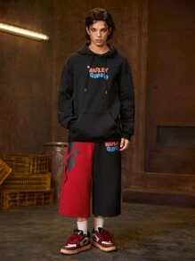 ROMWE MEN Harley Quinn | ROMWE Men's Minimalist Print Hooded Sweatshirt And Pants Set - Black - View 7