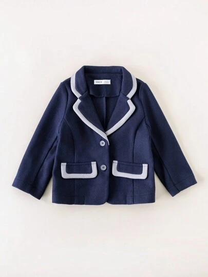 PrepCrw 适合返校季的年轻女孩秋冬校园风格蓝色拼色单排扣编织长袖外套