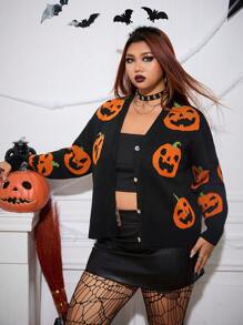 SHEIN EZwear Plus Size Women's Front Button Long Sleeve Pumpkin Orange Pattern Cardigan, Casual Daily Wear,Halloween Clothes,Halloween Curve