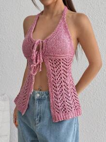 Flirla Blusa casual de punto de unicolor con nudo delantero y calado para mujer