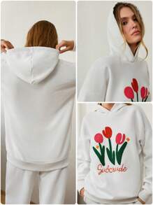RueChic Hooded Sweatshirt With Embroidery Detail For Autumn & Winter - Black - View 7