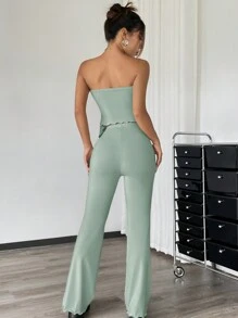 SHEIN EZwear 2pcs Women's Solid Ruched Bandeau Top And Flared Pants Set - Mint Green - View 3