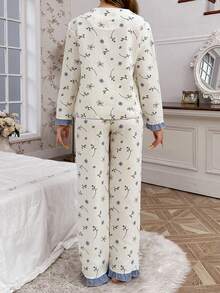 Contrast Color Ruffle Hem Puff Print Shirt And Pants Pajama Set - White - View 2