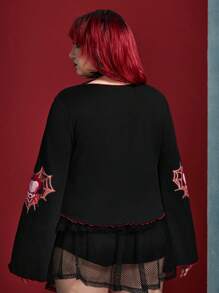 IT x SHEIN 大码哥特式风格时尚休闲缺口领针织修身小丑、字母、蜘蛛网图案印花女式 T 恤，秋季万圣节 - 黑色 - 查看 2