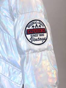 SHEIN Hooded Long Thick Padded Coat For Young Boy In Winter, With Letter Pattern, Metallic Coating & Contrast Lining