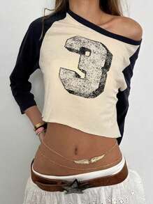 INAWLY Kaos Kasual Pendek Lengan Raglan Warna Kontras Motif Angka untuk Wanita Musim Semi/Panas - Krem - View 4
