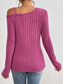 Chiquease 女士纯色休闲露肩不对称下摆 T 恤 - 玫紅色 - 查看 2