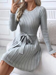 SHEIN LUNE Vestido suéter corto casual minimalista de cuello redondo, manga larga, con lazo frontal, unicolor