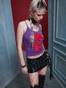 WB Horror X SHEIN 女士哥特式深色面具和字母印花撞色蕾丝边修身短款紫色背心，万圣节上衣 - 紫色 - 查看 3