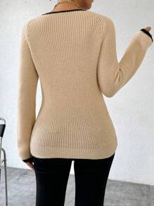 Chiquease Suéter de manga larga simple con ribete de contraste, uso diario casual para mujer