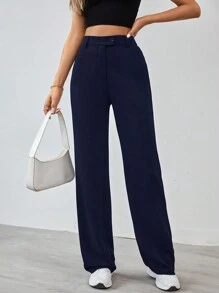 SHEIN Tall Women's Solid Color Zipper Built-In Straight Pants - Navy Blue - View 8