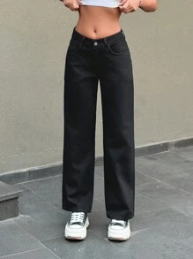 SHEIN Cottnline 100%纯棉女式低腰宽松男友风牛仔裤，带侧袋 - 黑色 - 查看 1