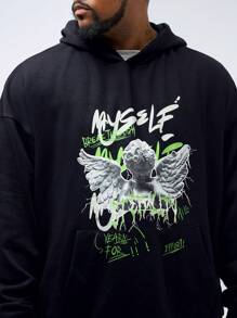 Manfinity VCAY Plus Size 1pc Men's Casual Angel Print Loose Drop Shoulder Hoodie Pullover Suitable For Autumn