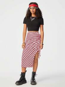 SHEIN EZwear Women's Slit Bodycon Houndstooth  Skirt, Suitable For Summer - Burgundy - View 3