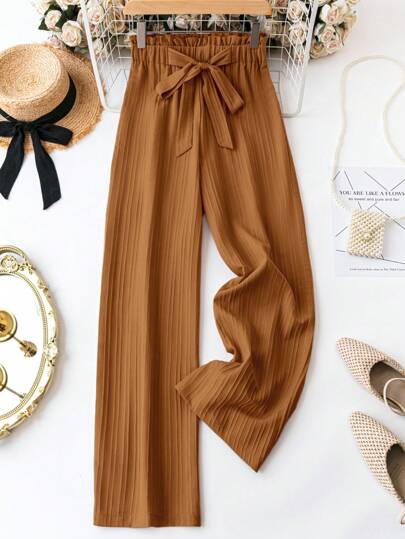 SHEIN LUNE Women's Solid Color Tie Waist Wide Leg Loose Casual Autumn Pants,Casual