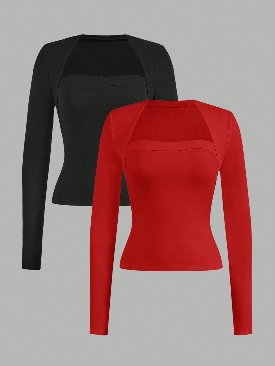 SHEIN EZwear 2 chiếc/bộ áo thun tay dài cổ tròn đơn giản, giản dị, vừa vặn, cỡ lớn, mùa thu/đông - Nhiều màu - Xem 1