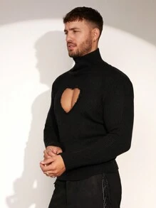 FeverCity Men's High Collar Tight-Fitting Hollow Heart Pattern Sweater, For Fall Winter - Black - View 4