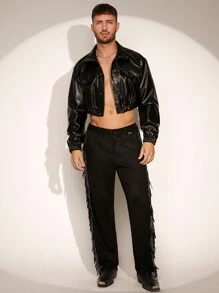 FeverCity Men's PU Leather Short Zip-Up Jacket - Black - View 4